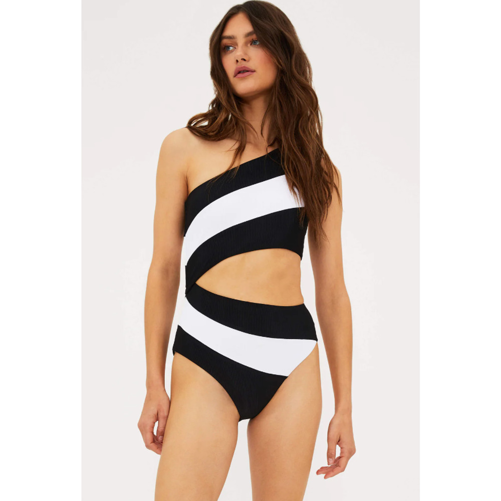 BEACH RIOT Women's Joyce One Shoulder One Piece Swimsuit Small Black White NWT - Picture 2 of 12